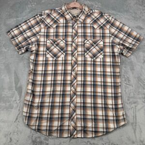 Bullhead Pearl Snap Shirt Men XL Orange Blue Plaid Short Sleeve Western Style